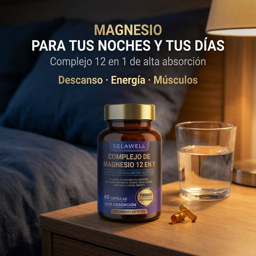 Complejo de Magnesio 12 en 1 SelaWell en la mesita de noche